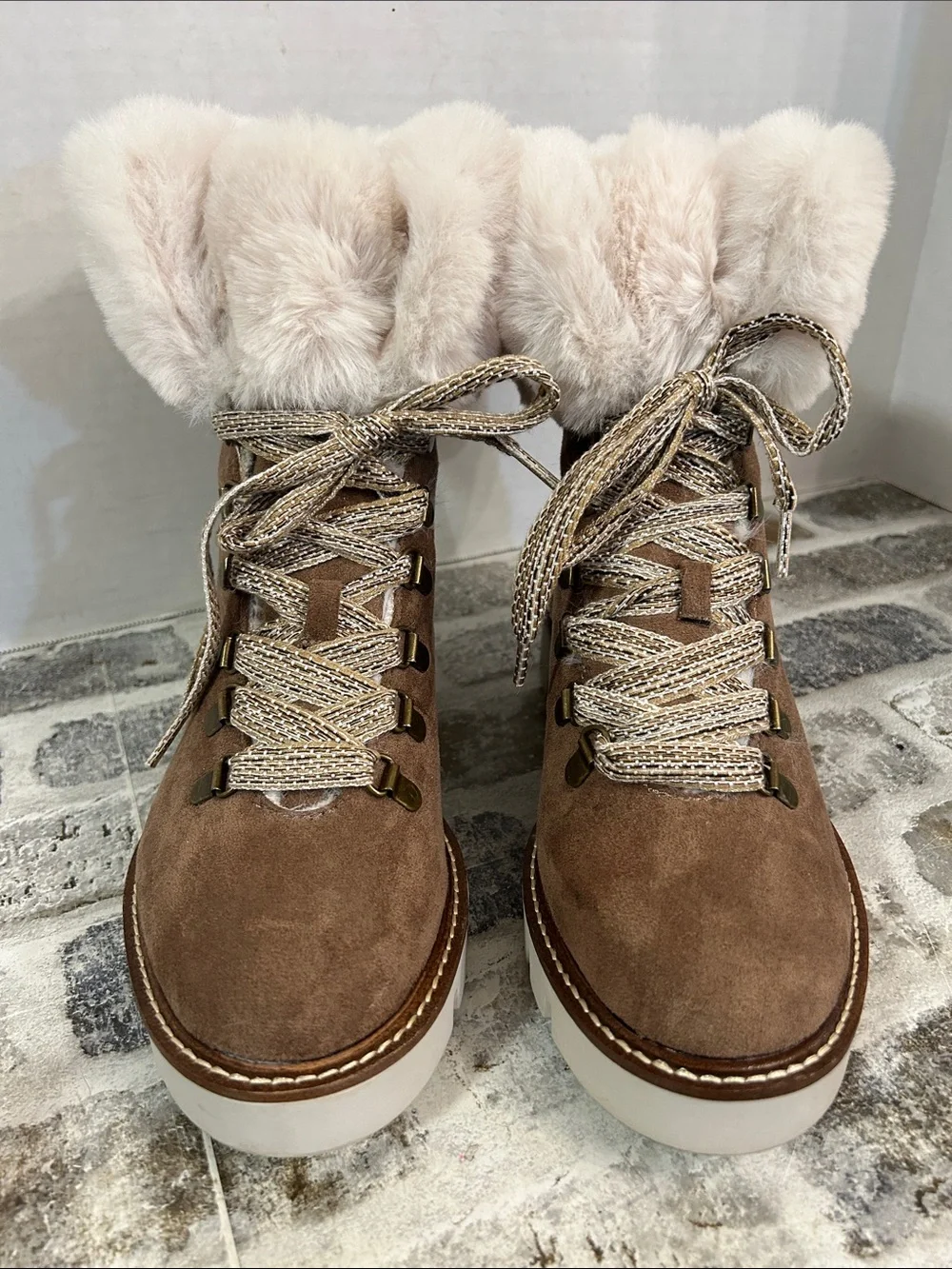 White Mountain Women's Brown Suede Faux-Fur Trim Lace-Up Ankle Boots Chunky Heel